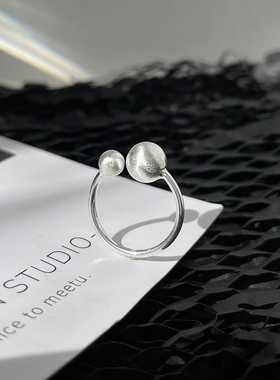 S925纯银拉丝小圆球戒指几何银球开口戒简约小众设计感气质潮银饰