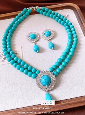 珍珠串珠水滴吊坠耳环项链复古百搭毛衣链中古vintage首饰套装女