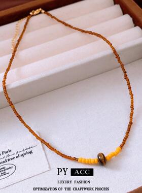 玻璃虎眼石串珠吊坠项链中古vintage毛衣链复古美拉德项饰女小众