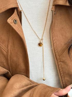 美拉德虎眼石几何吊坠项链中古vintage简约毛衣链长款百搭项饰女