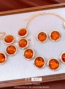 中古vintage树脂圆形耳环项链复古百搭毛衣链轻奢高级感首饰套装