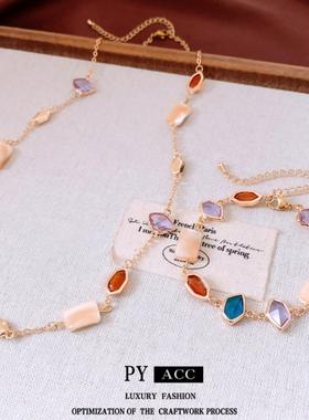 玻璃贝壳方形可调节手链项链中古vintage毛衣链简约百搭首饰套装