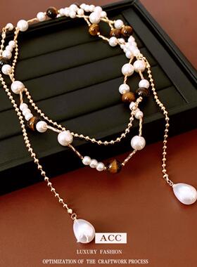 中古vintage珍珠虎眼石串珠项链复古宫廷风毛衣链美拉德设计项饰