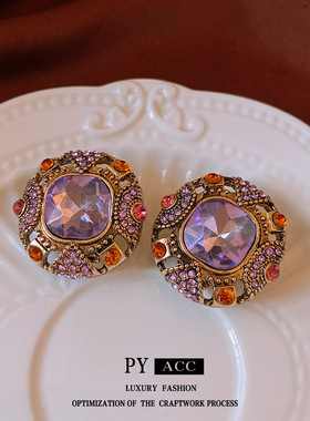 中古银针镶钻方形耳环复古vintage轻奢耳钉高级感小众耳饰女