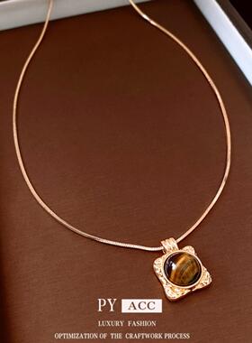 18K真金电镀虎眼石圆形吊坠项链中古vintage毛衣链复古百搭项饰女