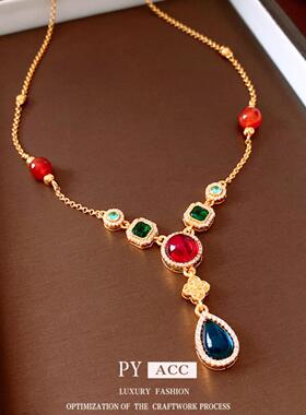 24K真金电镀琉璃水滴吊坠项链中古vintage时尚毛衣链复古百搭项饰