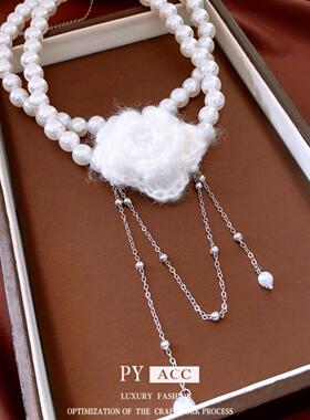 双层珍珠串珠针织花朵吊坠项链复古百搭高级感毛衣链优雅气质项饰