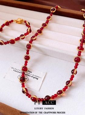 玻璃串珠圆形磁吸吊坠手链项链中古vintage毛衣链新中式百搭配饰