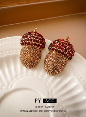 中古镶钻水晶叶子松果OT卡扣项链复古夸张高级感锁骨链个性项饰女