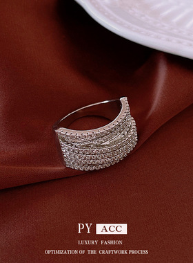 新款锆石双层宽边戒指轻奢高级感食指戒小众复古时尚手饰