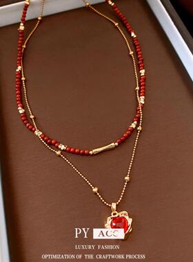 18k真金电镀石头串珠爱心吊坠项链中古vintage毛衣链轻奢百搭项饰