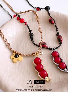 镶锆石串珠花朵吊坠项链中古vintage复古毛衣链设计感小众项饰女