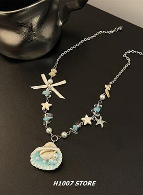 夏日海边度假风海螺陶瓷串珠项链小清新甜美锁骨链时尚百搭项饰女