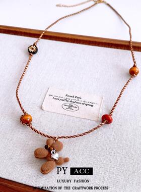 复古风木珠串珠小狗爱心可调节项链时尚精致毛衣链轻奢高级感项饰