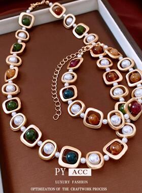 中古vintage石头珍珠圆形镂空手链项链法式复古宫廷风首饰套装女