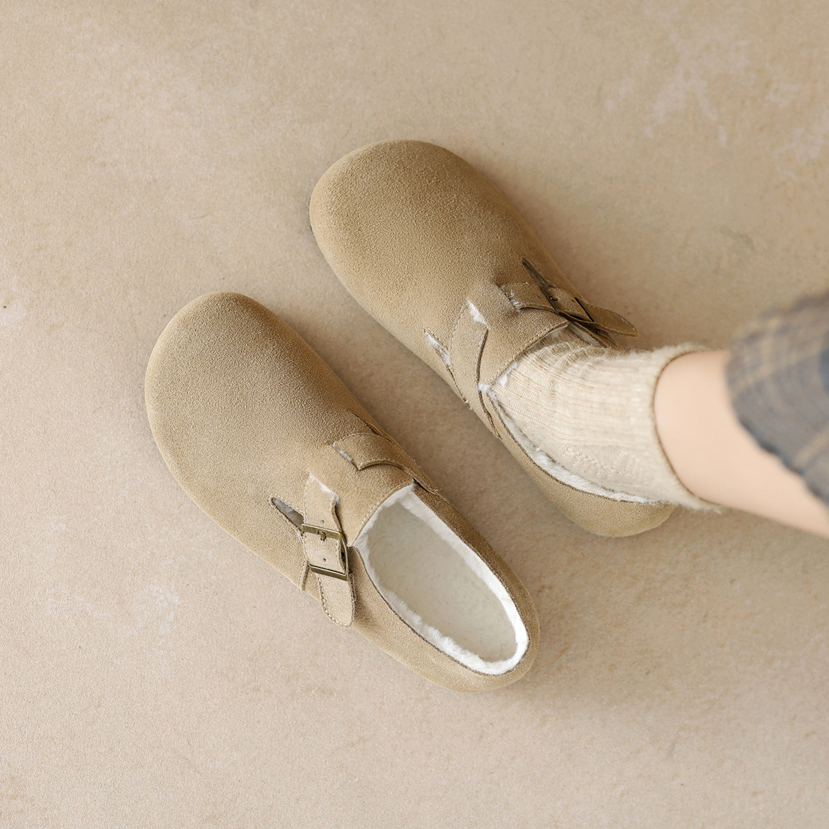 威威女郎 959-12纯原一脚蹬加绒勃肯鞋真皮平底保暖棉鞋博肯单鞋 - 图0