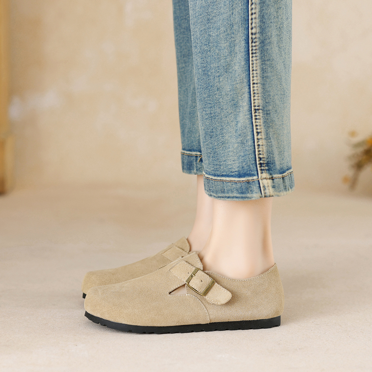 威威女郎 959-12纯原一脚蹬加绒勃肯鞋真皮平底保暖棉鞋博肯单鞋 - 图2