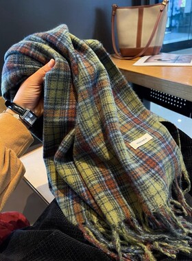 【正品】Coor Koor流苏羊绒围巾女显白蔬菜绿格子披肩保暖冬季围