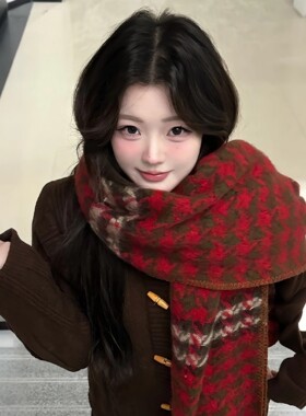 【正品】Coor Koor高级感格子羊绒围巾女冬季保暖红色圣诞围脖披