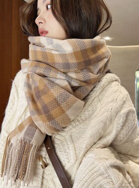 【正品】Coor Koor韩版甜美时尚波纹格子围巾女秋冬加厚保暖羊绒