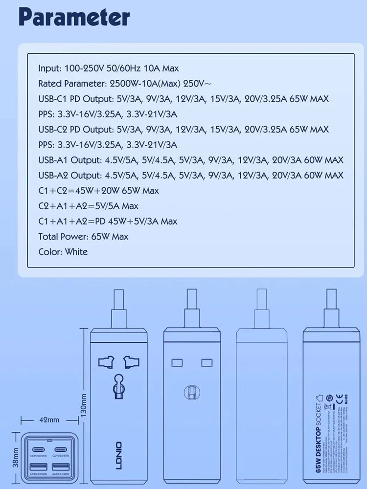 适用于LDNIO拖线板1位通用插座孔+PD65W+QC3手机快充头笔记本电脑 - 图0