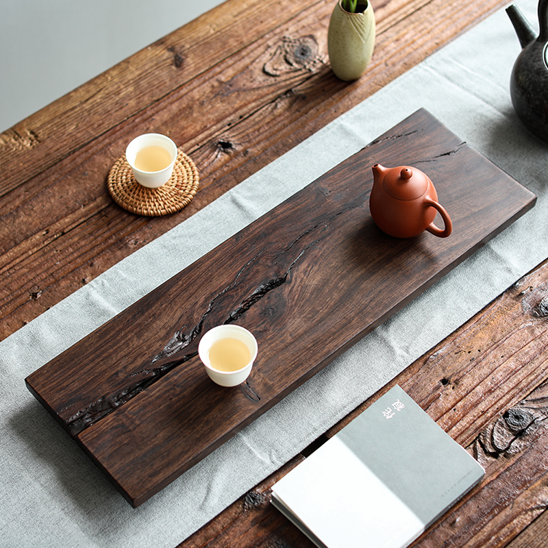 自然开裂干泡台 原木整块黑檀木茶盘家用实木小型茶台长方形 - 图0