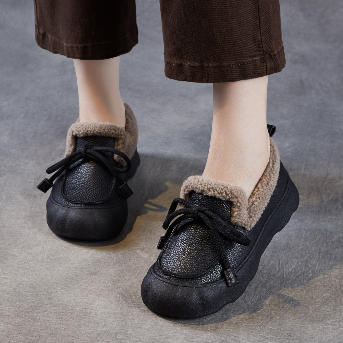 牛皮新款简约平底乐福鞋女款加绒真皮2025冬季休闲丑萌毛毛棉鞋子,淘宝优惠券,粉丝福利购,淘宝优惠卷