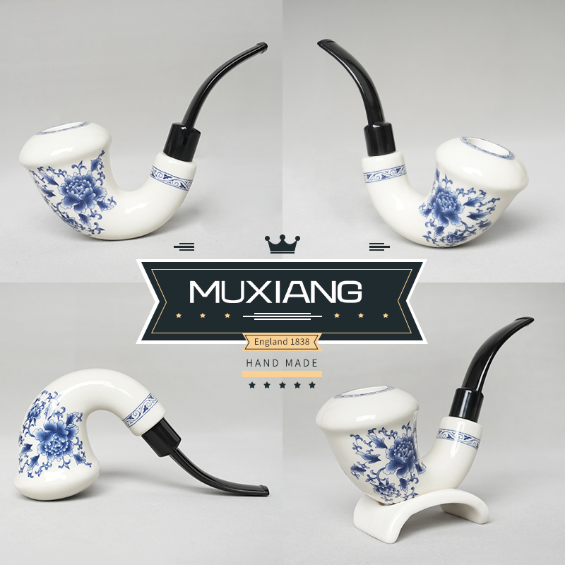 男士陶瓷烟斗手工青花葫芦弯斗传统老式过滤旱烟锅烟斗架烟具配件 - 图1