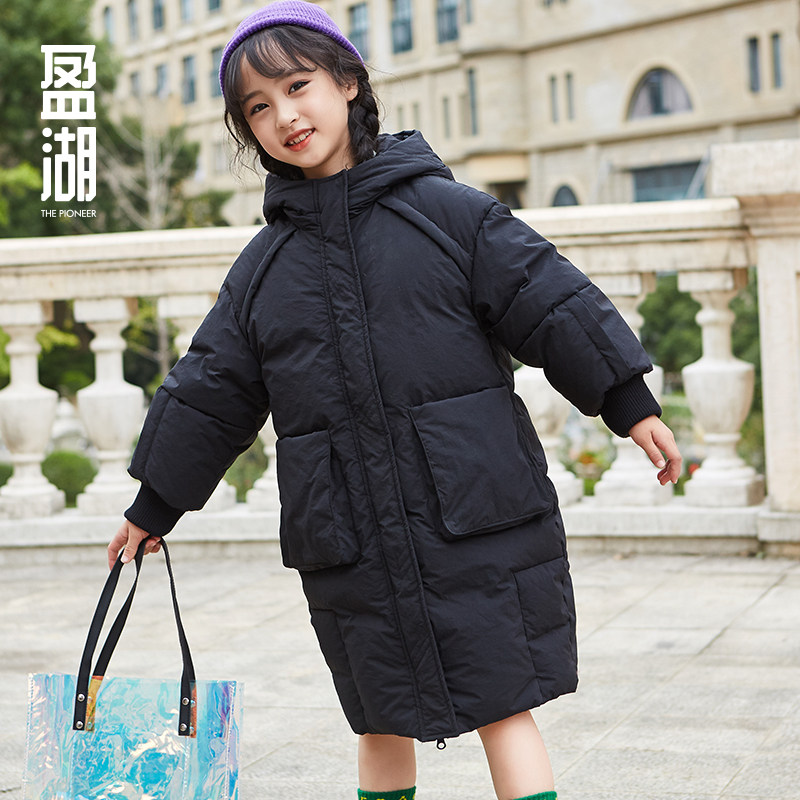 盈湖冬季女童过膝长款反季帽羽绒服 盈湖童装羽绒服
