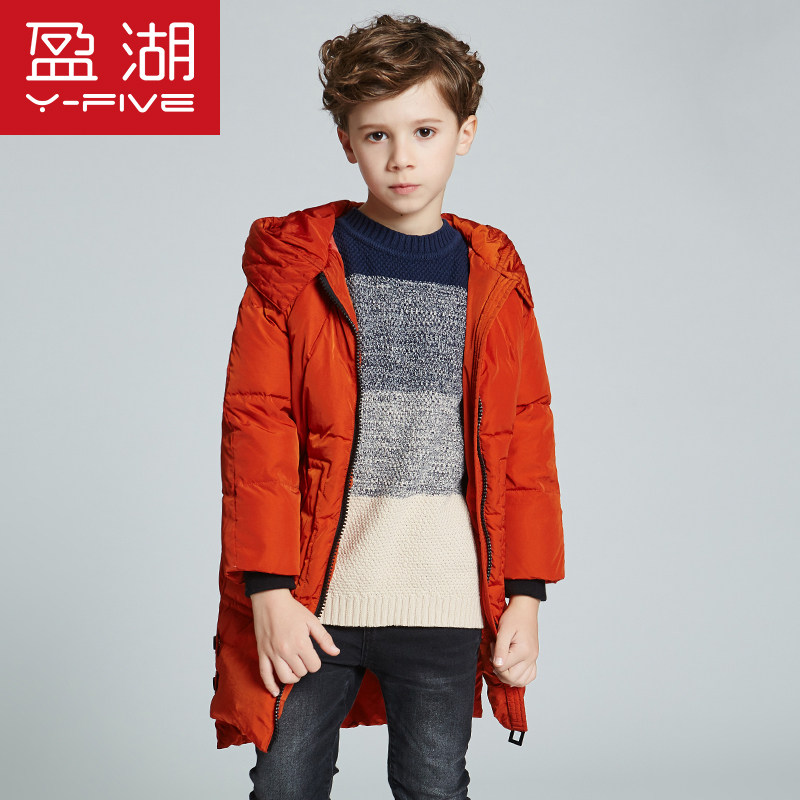 盈湖冬季儿童连帽长款男童中长款 盈湖童装羽绒服