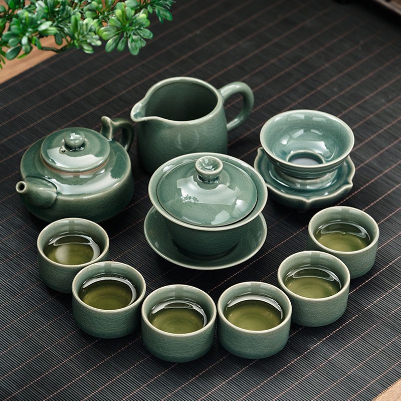哥窑盖碗家用陶瓷三才盖碗翡翠绿敬茶杯匀杯大号分茶器茶具茶碗 - 图3