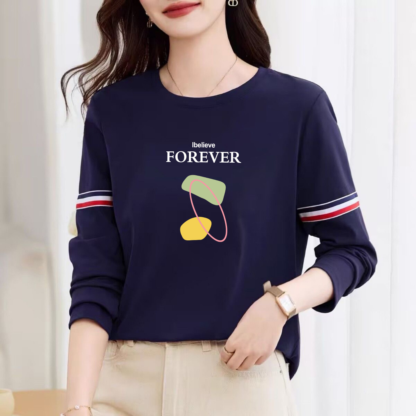 春季新款休闲长袖T恤女时尚撞色条纹纯棉内搭打底衫宽松印花上衣,淘宝优惠券,粉丝福利购,淘宝优惠卷