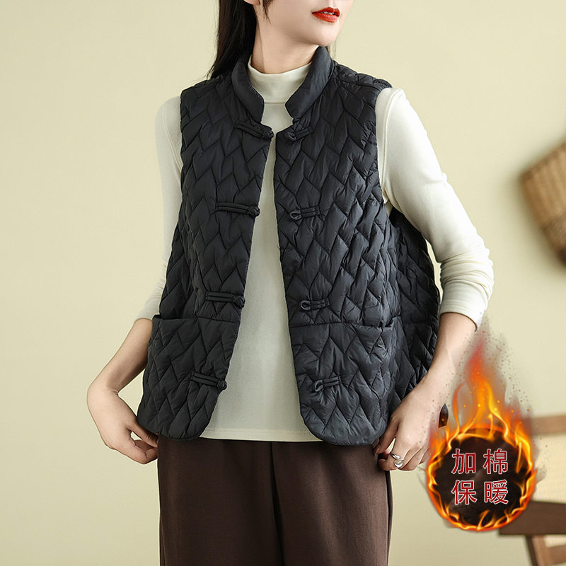 秋冬国风中式马夹外套女复古盘扣轻薄羽绒棉保暖马甲无袖外搭棉衣 - 图2