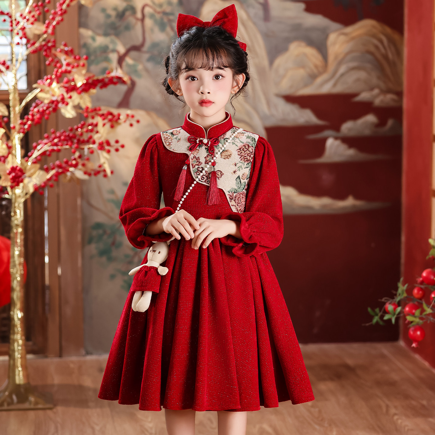 女童连衣裙秋冬2025新款儿童红色公主裙子小女孩中国风洋气新年装,淘宝优惠券,粉丝福利购,淘宝优惠卷