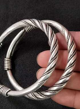 古玩藏银苗银手镯 复古民族风麻花状银手镯工艺品一件代发