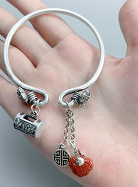 手镯S925银手链女款 莲花锁开口手环复古中国风古风新中式手饰品