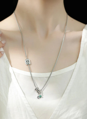 佛牌链子 S925银项链挂绳 绿度母佛像项链女复古新中式国风毛衣链