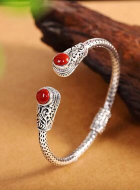 S925银手镯 新中式复古民族风首饰品 雕花南红玛瑙重工艺气质镯子
