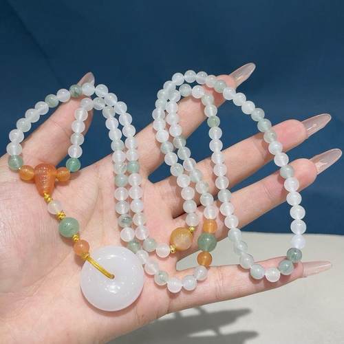 天然原矿新疆玉石天山翠平安扣项链毛衣链金丝玉项坠男女同款 - 图1