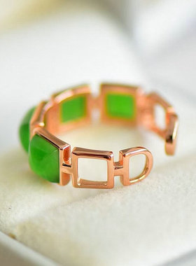 天然和田玉鼓面方形戒指925银镶