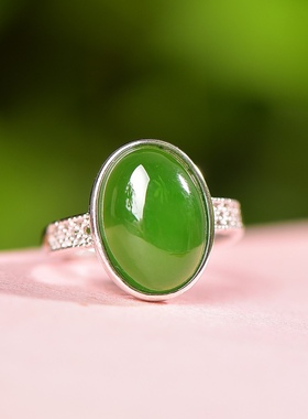 和田碧玉菠菜绿925银开口戒指