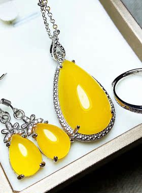 女黄玉髓耳坠吊坠戒指纯银镶嵌