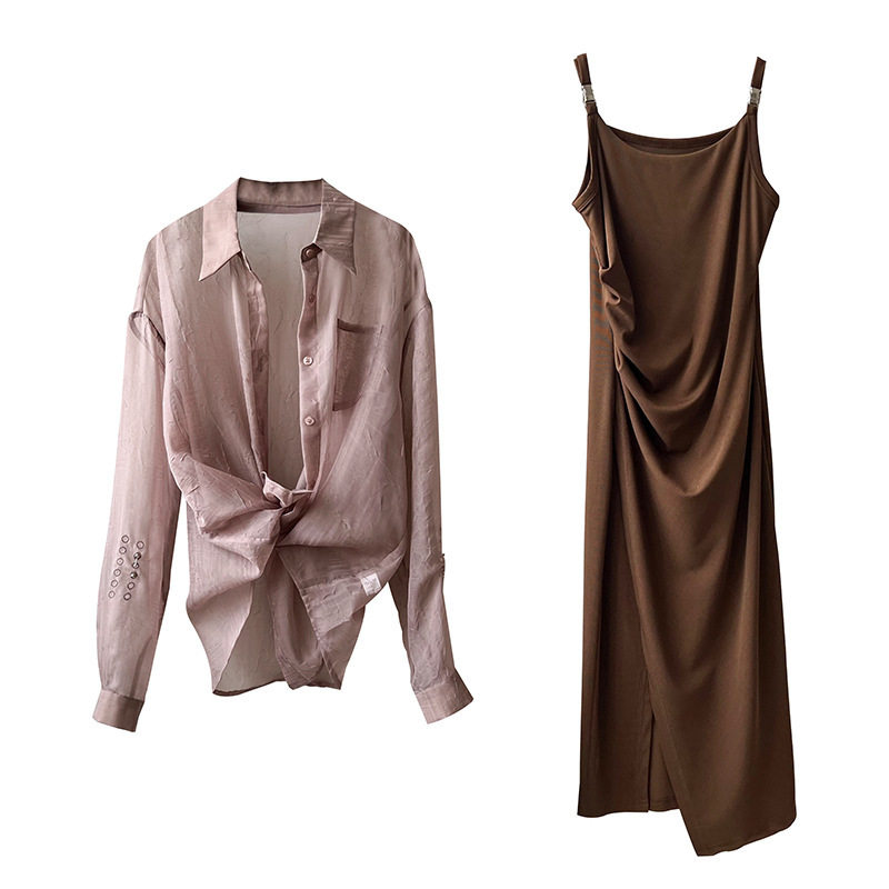 开叉吊带连衣裙两件套 2025夏新款宽松防晒衬衫套装80809强明女装,淘宝优惠券,粉丝福利购,淘宝优惠卷