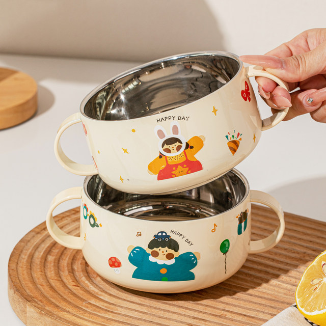 316 stainless steel children's bowl, double ear complementary food bowl, special bowl for eating, baby tableware set, anti-fall baby rice bowl