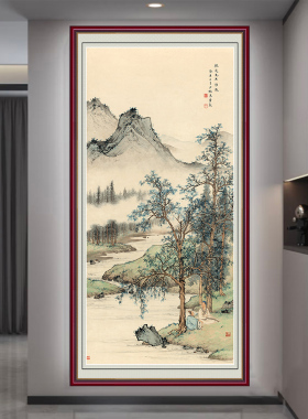 山水画中式玄关竖款挂画国画自粘
