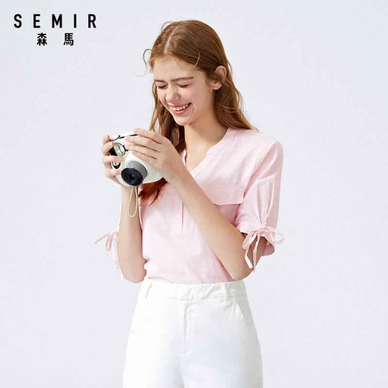 森马短袖2020夏季新款简约v领衬衫 森马outlets店衬衫