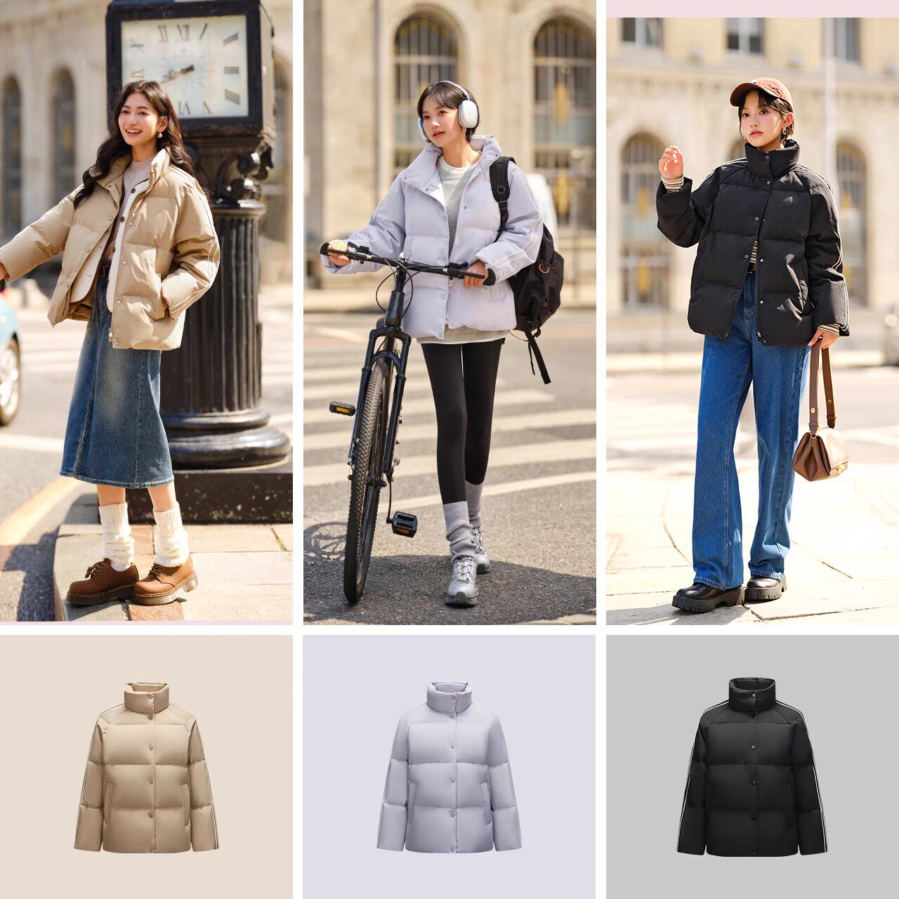 森马三防羽绒服女2024冬季新款防水防污防油织带学院风立领面包服