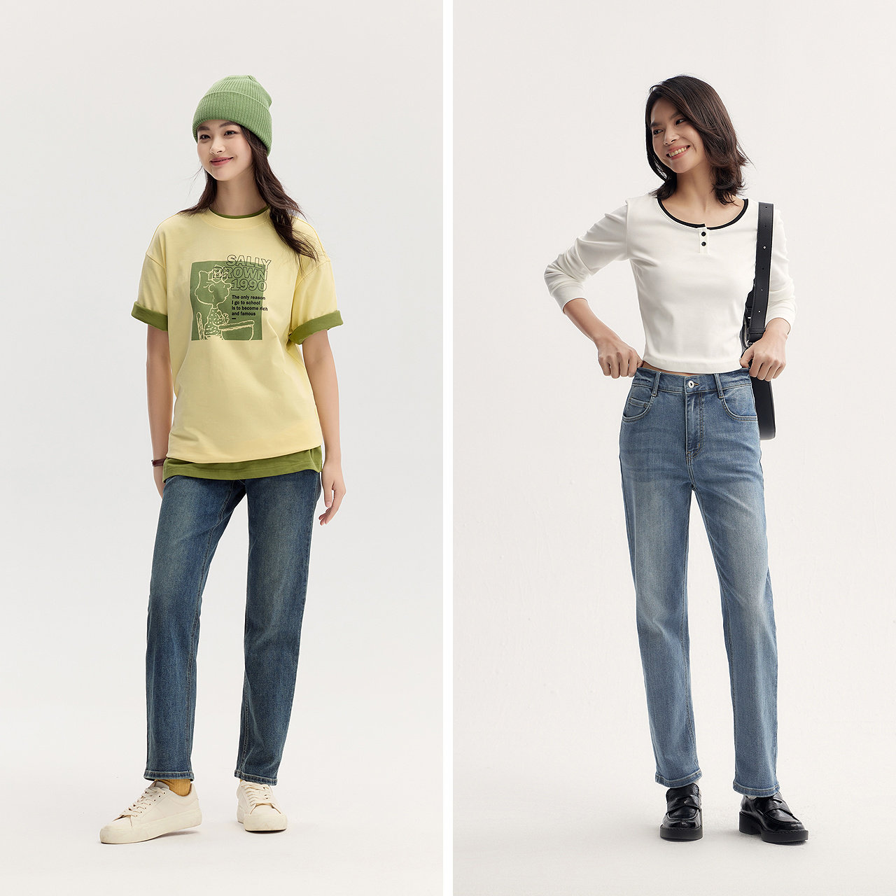 森柔牛仔|森马牛仔裤女复古简约长裤休闲秋季半松紧腰直筒裤通勤