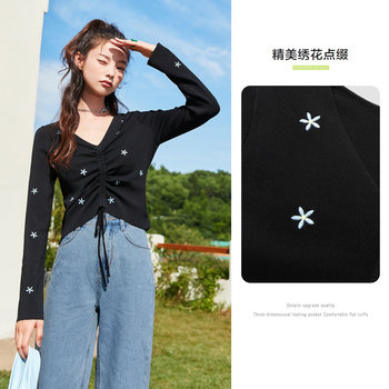 Semir sweater ຂອງແມ່ຍິງ embroidered drawstring ອອກແບບພາກຮຽນ spring ແລະດູໃບໄມ້ລົ່ນ v-neck slim knitted ເທິງຫວານ