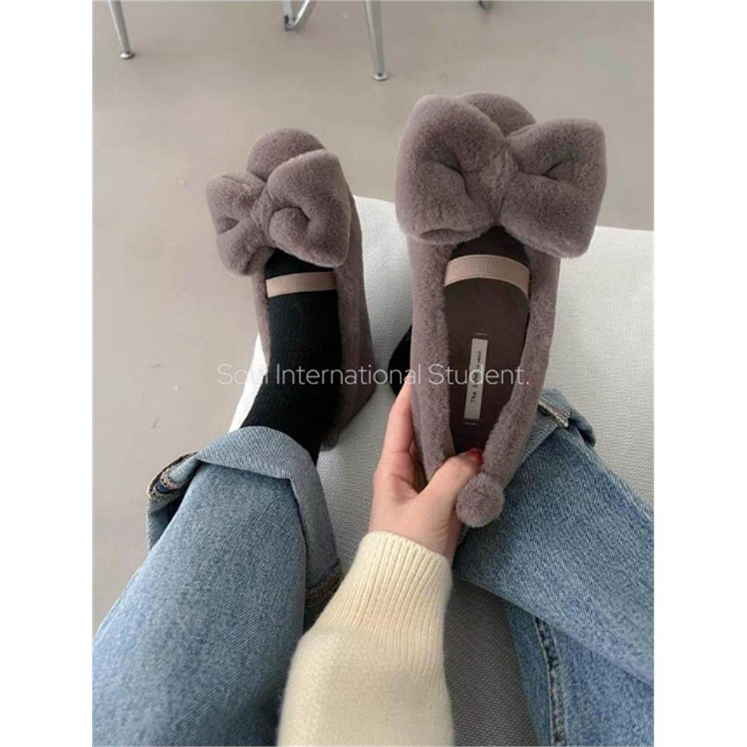 韩国蝴蝶结毛毛鞋女灰姑娘冬季加绒圆头舒适保暖平底豆豆鞋,淘宝优惠券,粉丝福利购,淘宝优惠卷